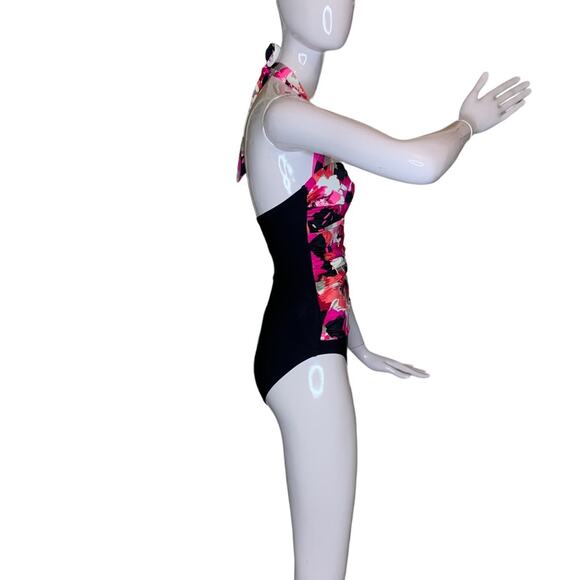 Aqua Green One Piece Swimsuit Padded Floral Pink Print Black bottom Small Halter - Picture 7 of 13